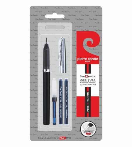 Pierre Cardin Penomatic Premium Fountain Pen | Luxurious Glossy Finish Body with Silver Finish Cap | Free Coverter & Cartridges
