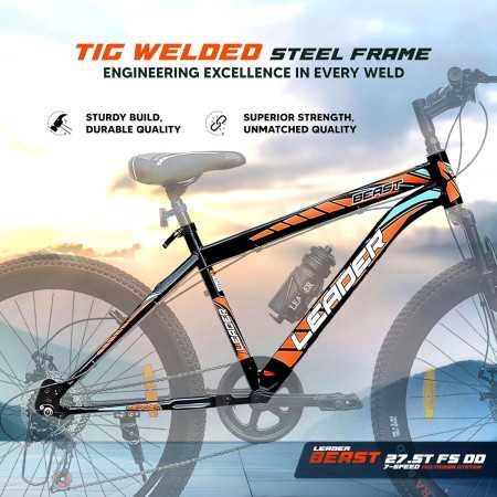 Leader Beast 26T Multispeed (7 Speed) Mountain Bike with Front Suspension & Dual Disc Brake - MATT Black/SEA Green. Ideal for 12