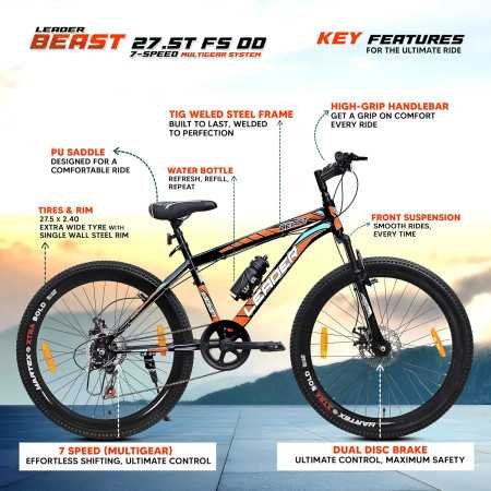 Leader Beast 26T Multispeed (7 Speed) Mountain Bike with Front Suspension & Dual Disc Brake - MATT Black/SEA Green. Ideal for 12