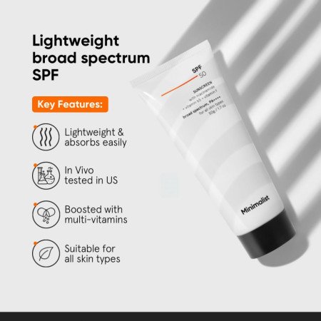 Minimalist Sunscreen SPF 50 PA++++ | Clinically Tested in US (In-Vivo) | Lightweight with Multi-Vitamins | No White Cast | Broad