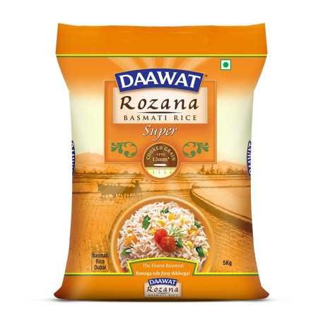 Daawat Rozana Super Basmati Rice 5Kg| For Everyday Consumption| Cooked Grain Upto 13mm*| Naturally Aged