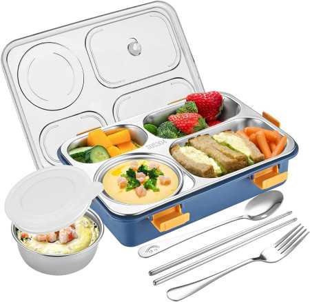 Darkpyro 3 Compartment Stainless Steel Lunch Box, Leakage Proof Lunch Box for School Kids and Adults Pack of 1 Blue,750ML