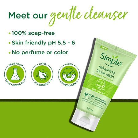 Simple Kind To Skin Refreshing Face Wash 150 ml | 100% soap-free gentle cleanser for sensitive, dry & oily skin, for women & men