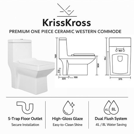 KrissKross Premium One Piece Ceramic Western Floor Mounted One Piece Water Closet Western Toilet/Commode/European Commode With