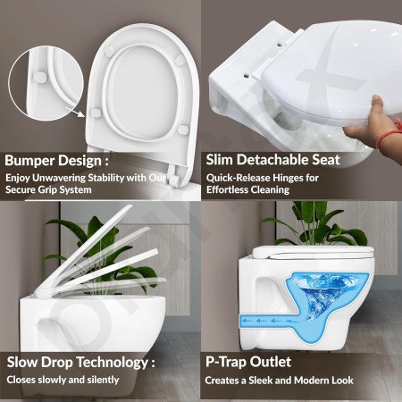 Plantex Commode for Toilet/Ceramic Western Toilet/Square Wall Hung Commode with Soft Closing Toilet Seat - P Trap Outlet -