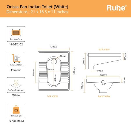Ruhe® Orrisa Pan Indian Toilet | Premium Ceramic Squat Pan | Durable, Crack-Resistant Toilet Seat | Water-Efficient Flush,