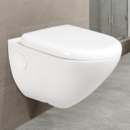 Hindware Elegance Wall Hung Western Commode for Bathroom | Made of Ceramic | P-225 Trap | PP Seat Cover | Soft Close Feature |