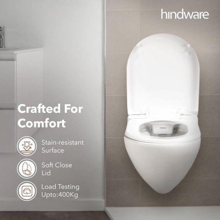 Hindware Elegance Wall Hung Western Commode for Bathroom | Made of Ceramic | P-225 Trap | PP Seat Cover | Soft Close Feature |