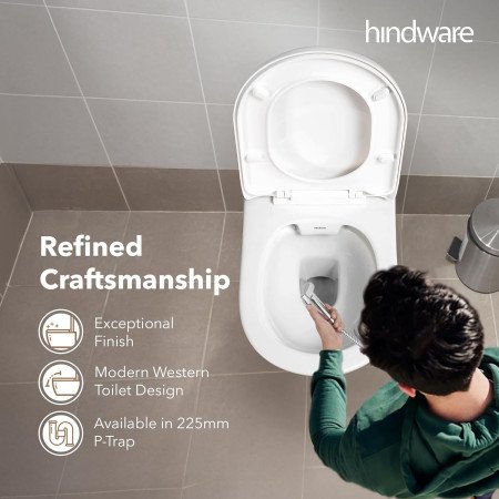 Hindware Elegance Wall Hung Western Commode for Bathroom | Made of Ceramic | P-225 Trap | PP Seat Cover | Soft Close Feature |
