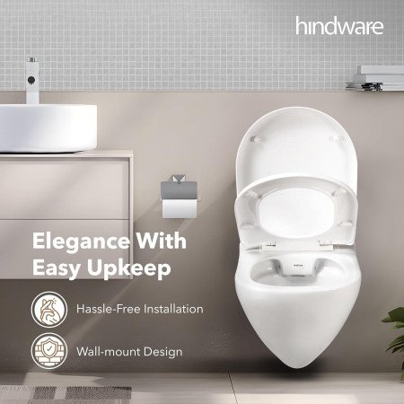 Hindware Elegance Wall Hung Western Commode for Bathroom | Made of Ceramic | P-225 Trap | PP Seat Cover | Soft Close Feature |