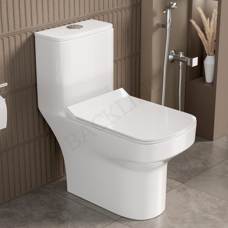 B Backline Ceramic Floor Mounted One Piece Western Toilet 6D Flushing Syphonic Commode/Water Closet Soft Close Seat Cover 9" S B Backline Ceramic Floor Mounted One Piece Western Toilet 6D Flushing Syphonic Commode/Water Closet Soft Close Seat Cover 9" S