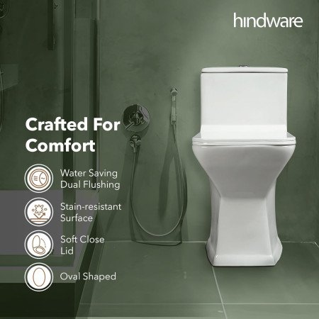 Hindware One-piece Tozzo Floor Mount Western Commode for Bathroom | Made of Ceramic | Star White | Oval Shape | Floor Mount Ewc
