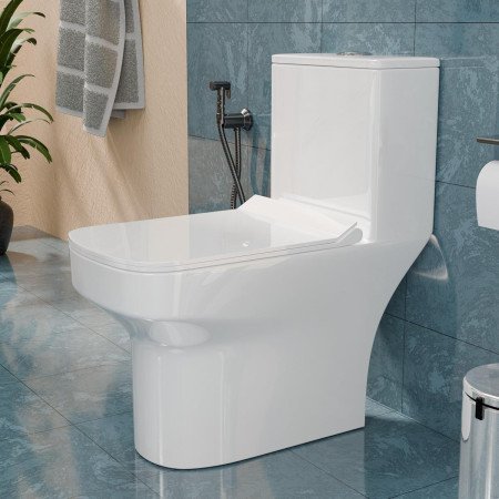 InArt Rimless Syphonic Vacuum Western Toilet, Floor Mounted One-Piece Water Closet, Square European Commode, Soft Close Seat,