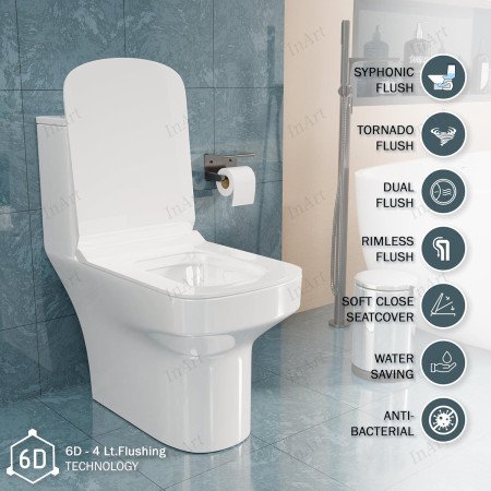 InArt Rimless Syphonic Vacuum Western Toilet, Floor Mounted One-Piece Water Closet, Square European Commode, Soft Close Seat,