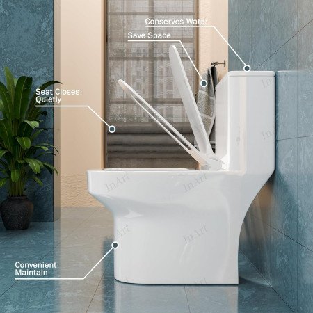 InArt Rimless Syphonic Vacuum Western Toilet, Floor Mounted One-Piece Water Closet, Square European Commode, Soft Close Seat,