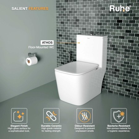Ruhe Athos Ceramic Western Toilet, S-Trap | White Glossy Finish, 25.5x14.5x29 Inches | Rimless, 7D Siphonic Flushing, Dual-Flush Ruhe Athos Ceramic Western Toilet, S-Trap | White Glossy Finish, 25.5x14.5x29 Inches | Rimless, 7D Siphonic Flushing, Dual-Flush