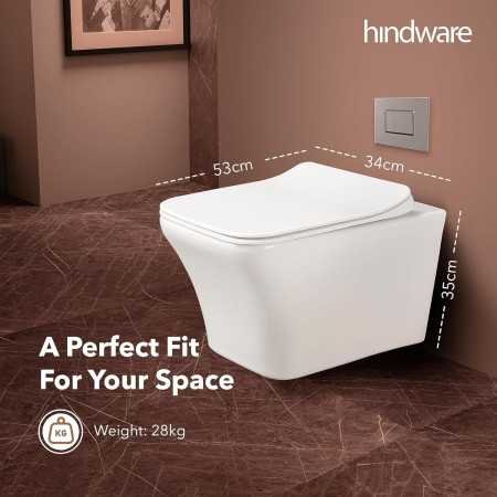 Hindware Italian Collection Athens Wall Hung Western Commode for Bathroom | Made of Ceramic | P-235 Trap | Soft Close |