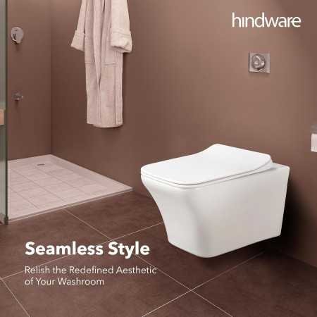 Hindware Italian Collection Athens Wall Hung Western Commode for Bathroom | Made of Ceramic | P-235 Trap | Soft Close |
