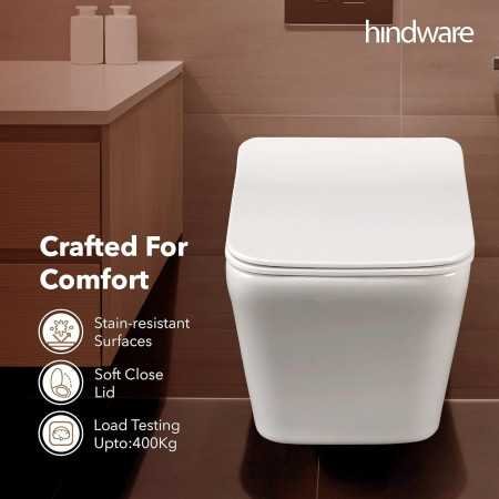 Hindware Italian Collection Athens Wall Hung Western Commode for Bathroom | Made of Ceramic | P-235 Trap | Soft Close |