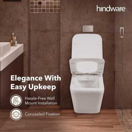 Hindware Italian Collection Athens Wall Hung Western Commode for Bathroom | Made of Ceramic | P-235 Trap | Soft Close |
