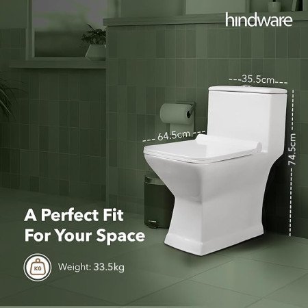 Hindware Prima Floor Mount Western Commode for Toilet | White Colour | Rectangular Shape | One Piece EWC | S-Trap 220mm |