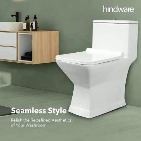 Hindware Prima Floor Mount Western Commode for Toilet | White Colour | Rectangular Shape | One Piece EWC | S-Trap 220mm |