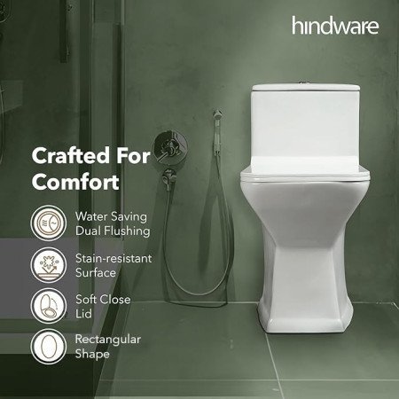 Hindware Prima Floor Mount Western Commode for Toilet | White Colour | Rectangular Shape | One Piece EWC | S-Trap 220mm |