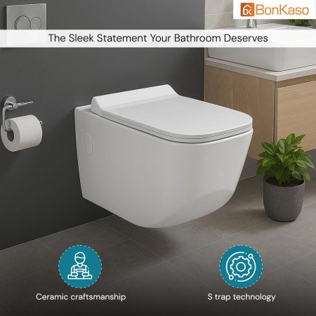 BonKaso Premium Western Floor Mounted Ceramic One Piece Commode (White) S Trap European Toilet with Soft Close Seat | Square BonKaso Premium Western Floor Mounted Ceramic One Piece Commode (White) S Trap European Toilet with Soft Close Seat | Square