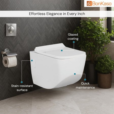 BonKaso Premium Western Floor Mounted Ceramic One Piece Commode (White) S Trap European Toilet with Soft Close Seat | Square BonKaso Premium Western Floor Mounted Ceramic One Piece Commode (White) S Trap European Toilet with Soft Close Seat | Square