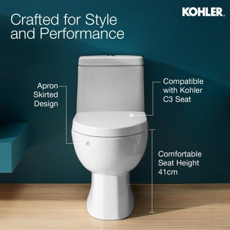Kohler Reach One-Piece Floor Mounted Toilet | Ceramic Western Bathroom Commode with Anti-Bacterial Protection | Class 5 Flush