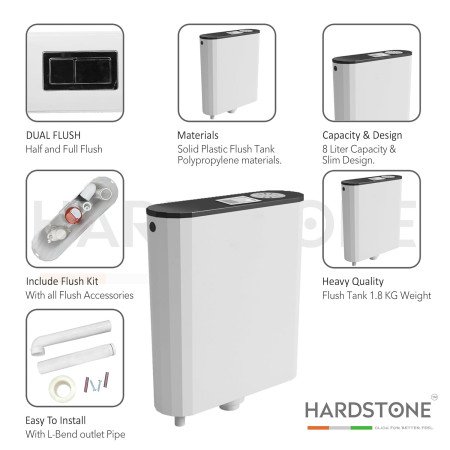 HARDSTONE Dual Flush Tank for Toilet - 8 LTR Water Capacity – Polypropylene Smart PVC Slim Cistern - Wall Mounted, Push Button