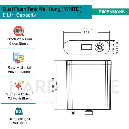 HARDSTONE Dual Flush Tank for Toilet - 8 LTR Water Capacity – Polypropylene Smart PVC Slim Cistern - Wall Mounted, Push Button