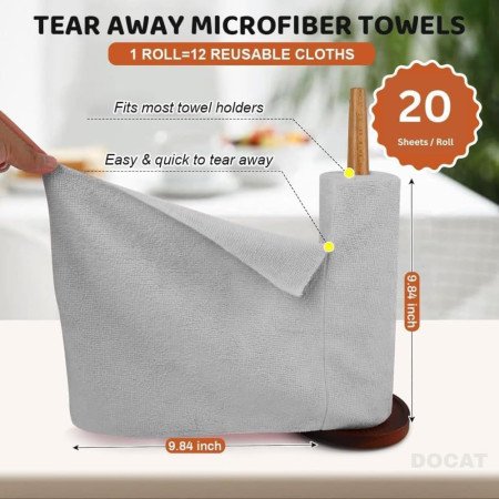 DOCAT Microfiber Cleaning Cloth Roll 25x25 cm, Reusable and Washable Tear-Away Kitchen Towel Roll, Very Soft Cleaning Cloths for