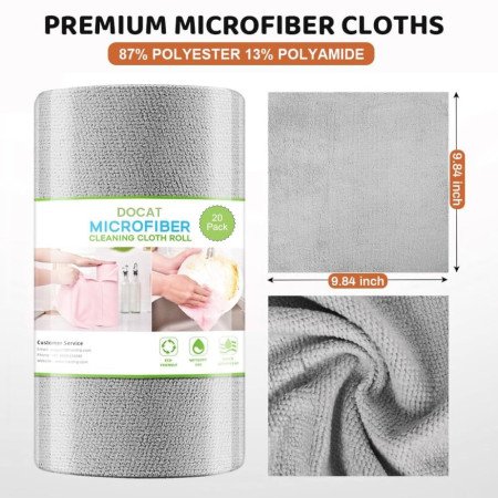 DOCAT Microfiber Cleaning Cloth Roll 25x25 cm, Reusable and Washable Tear-Away Kitchen Towel Roll, Very Soft Cleaning Cloths for