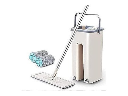 Heavy Quality Floor Mop with Bucket, Flexible Kitchen Tap Flat Squeeze Cleaning Supplies, 360° Flexible Quiet, 2 Reusable Pads,
