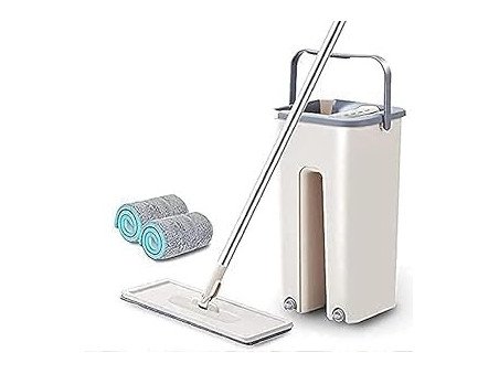 Heavy Quality Floor Mop with Bucket, Flexible Kitchen Tap Flat Squeeze Cleaning Supplies, 360° Flexible Quiet, 2 Reusable Pads,
