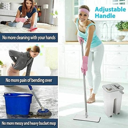 Heavy Quality Floor Mop with Bucket, Flexible Kitchen Tap Flat Squeeze Cleaning Supplies, 360° Flexible Quiet, 2 Reusable Pads,