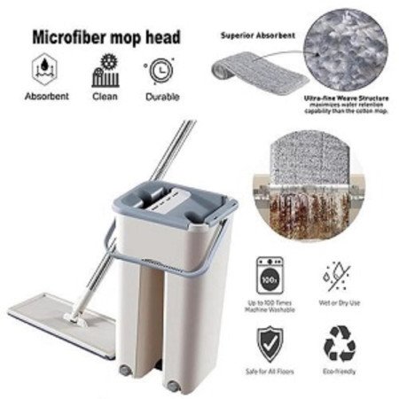 Heavy Quality Floor Mop with Bucket, Flexible Kitchen Tap Flat Squeeze Cleaning Supplies, 360° Flexible Quiet, 2 Reusable Pads,