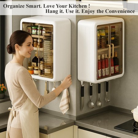 Bathroom Organiser Without Drill Plastic Wall Mounted Storage Cabinet for Kitchen and Bathroom Organizer with Magic Stickers