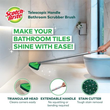Scotch-Brite Telescopic Handle Bathroom Scrubber Brush with Stain Cutter & Triangular Head - Cleans Tiles, Floors, & Corners Scotch-Brite Telescopic Handle Bathroom Scrubber Brush with Stain Cutter & Triangular Head - Cleans Tiles, Floors, & Corners