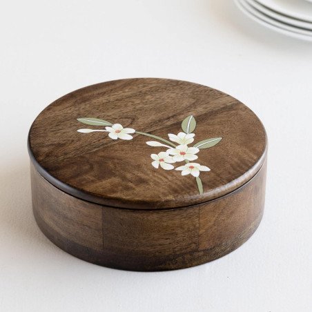 Bella Mango Wood Roti Box | Wooden Handpainted Chapati Box for Kitchen | Wooden Casserole with Handpainted Flower design Lid