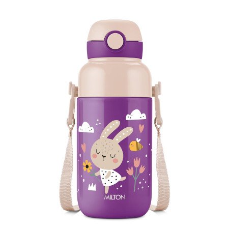 Milton Steel Indus 400 Thermoware PU Insulated, 390 ml Water Bottle with Straw for Kids, Leak Proof Flip Top Sipper Lid Bottle,