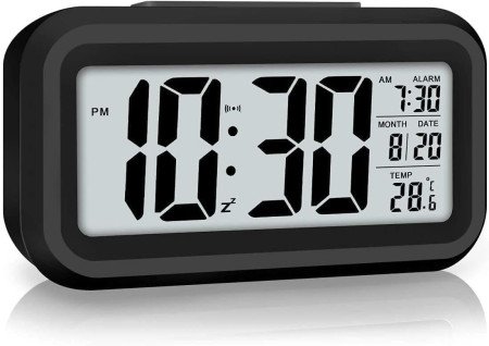HNY Digital Alarm Clock with Automatic Sensor, Date & Temperature Display, Compact LED Desk Table Clock for Students, Bedroom,