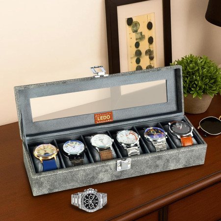 LEDO Men's and Women's Watch Box Holder Organizer Case In 12 Slots of watches In PU Leather with Black & Gray