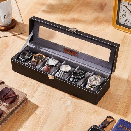 Amazon Basics Unisex Faux Leather Watch Organiser Box with 6 Slots |Watch Organiser with Transparent Lid (Black)