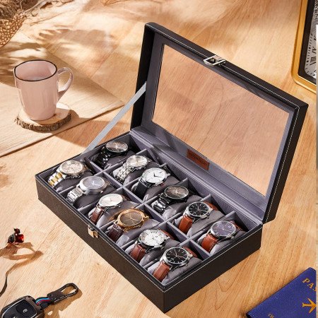 Amazon Basics Unisex Faux Leather Watch Organiser Box with 6 Slots |Watch Organiser with Transparent Lid (Black)