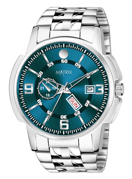 Matrix Black, Blue, White Dial, Day & Date Functioning, Stainless Steel Strap Analog Watch for Men & Women