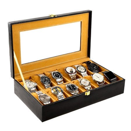 Birch & Co. Watch Box Organizer – 12 Slot Display Case with Glass Lid, PU Leather, Soft Velvet Interior – Elegant Storage for