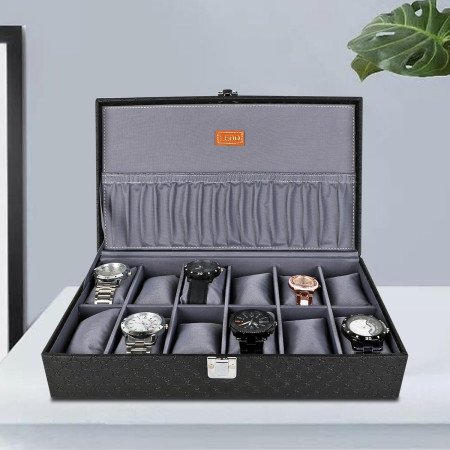 LEDO Men's and Women's Watch Box Organizer Case In 12 Slots of watches In Black color with Gray Velvet