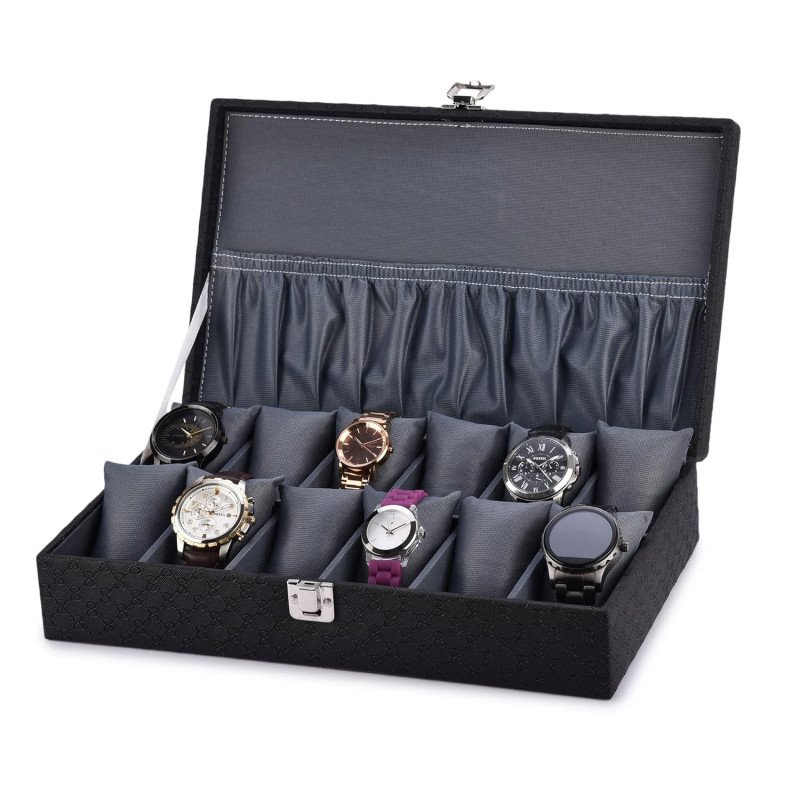 Elegant 12-Slot Watch Box Organizer – Premium PU Leather Storage Case with Lock, Pocket & Removable Cushions